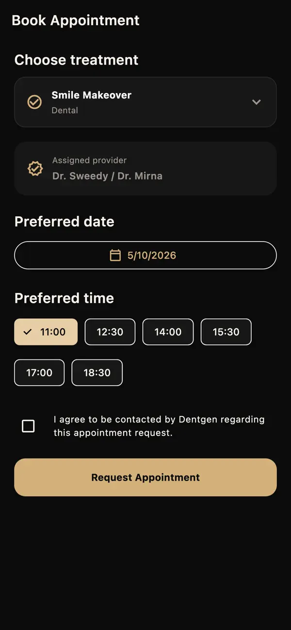 DentGen app appointment booking screen